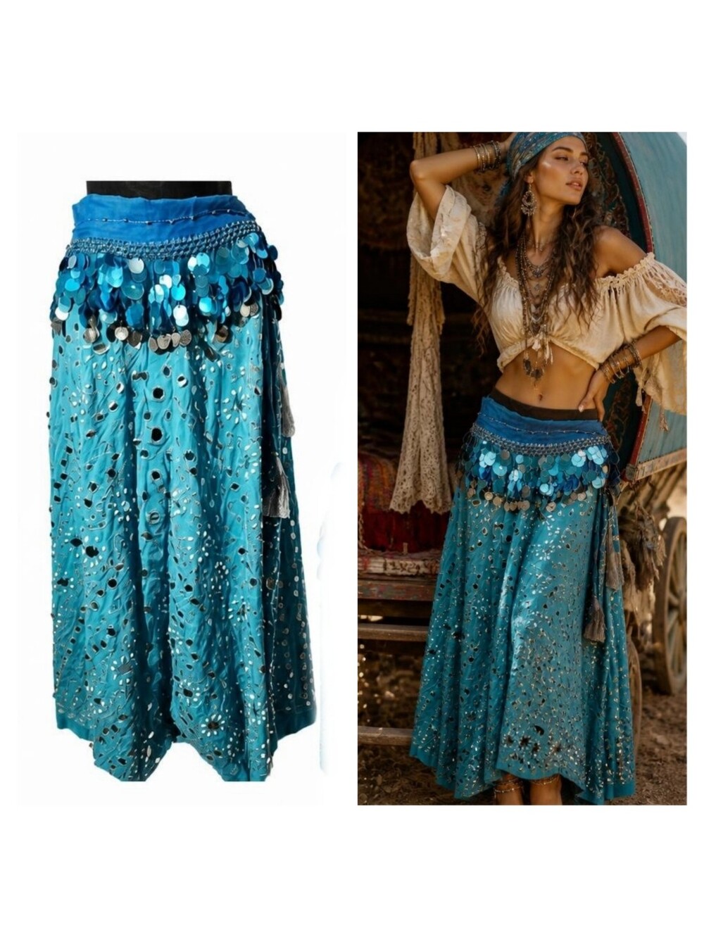 Halloween Costume Bellydancer/ Gypsy Beaded Mirror Turquoise Skirt Size L/XL